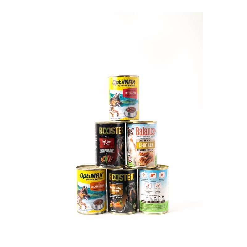 Mixed Wet Dog Food Cans Balance Booster and Optimax Assorted Flavors