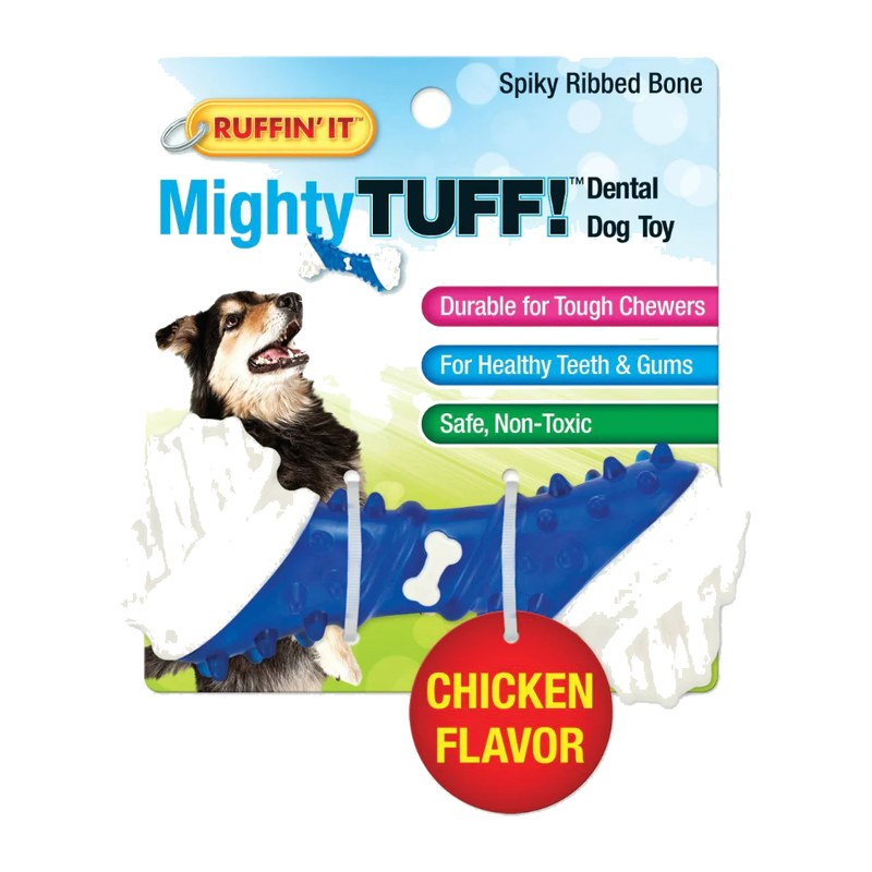 Ruffin’ It Mighty Tuff Spikey Ribbed Bone Dog Toy Chicken Flavor