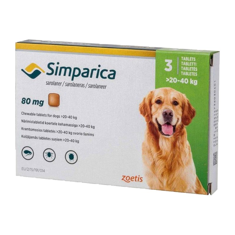 Simparica 80mg Chewable Tablets for Ticks & Fleas in Dogs 20Kg – 40Kg