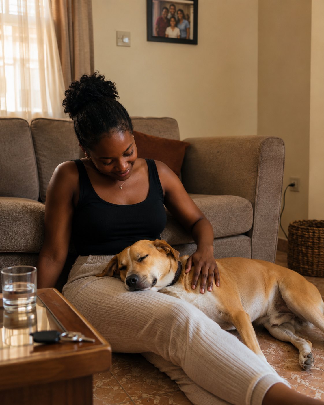 A Lagos pet owner at her front door with her dog, waiting for the vet