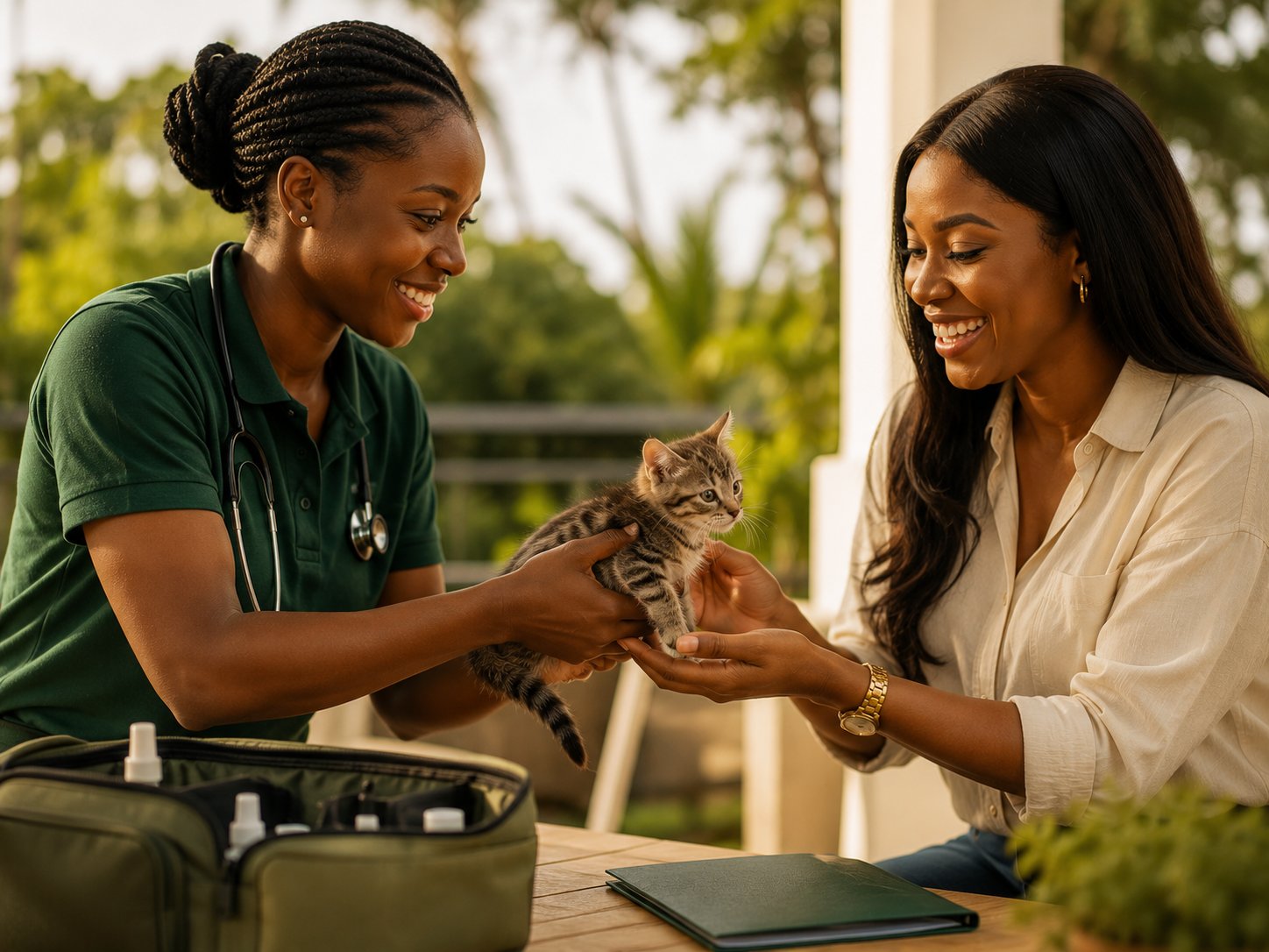 A Nexara vet handing a health-checked kitten to its new owner