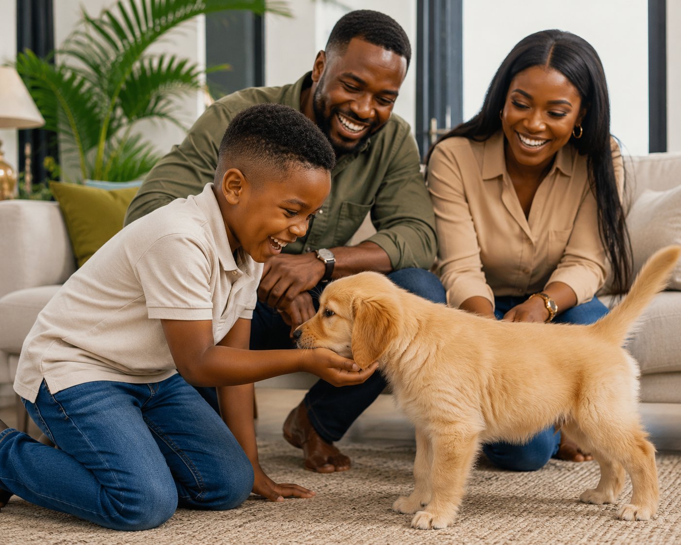 A young Nigerian family meeting their new puppy for the first time