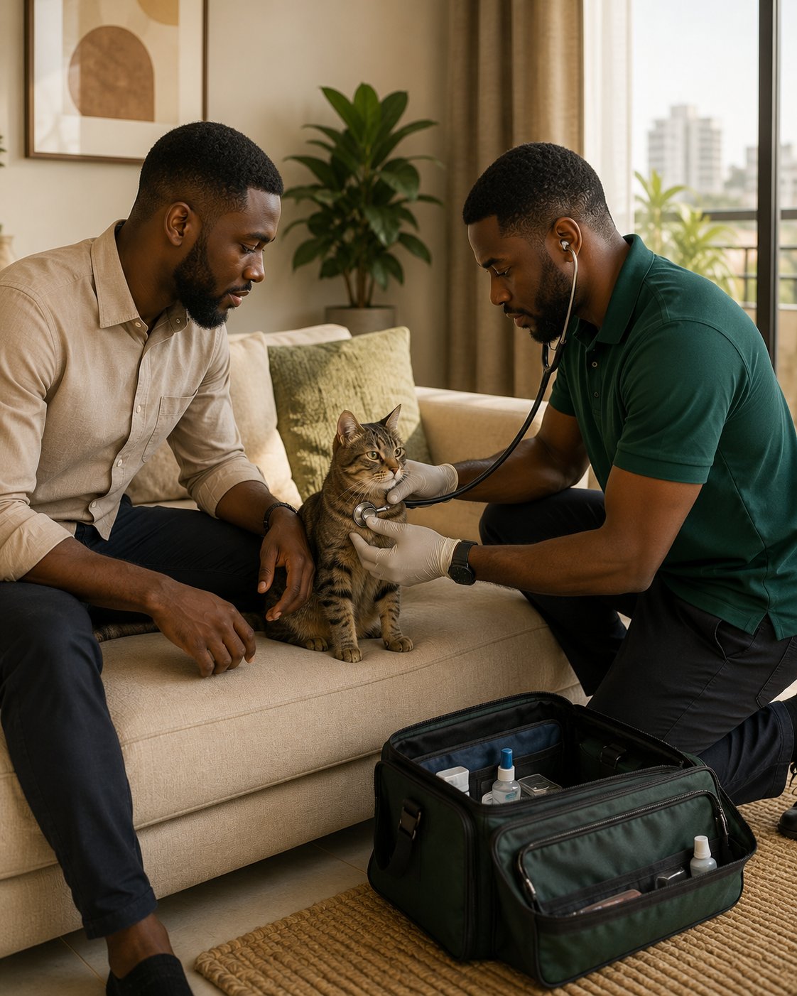 A Nexara vet examining a cat at home