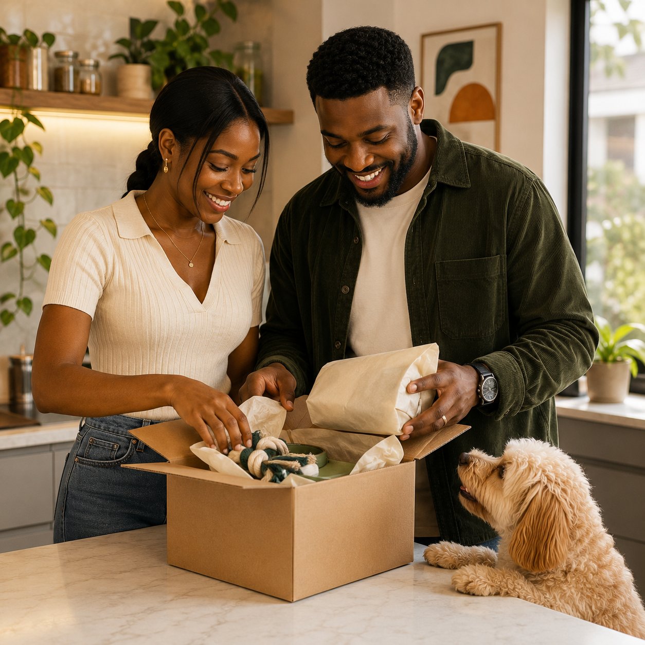 A Nigerian couple unpacking their Nexara order at home with their dog